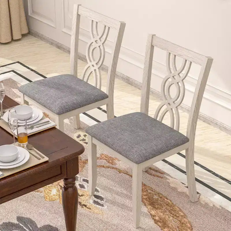 Set of 2 Rustic Wooden Dining Chairs Rubber Wood Padded Seat Hollowed Backrest Gray