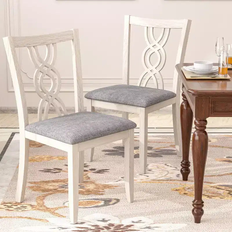 Set of 2 Rustic Wooden Dining Chairs Rubber Wood Padded Seat Hollowed Backrest Gray