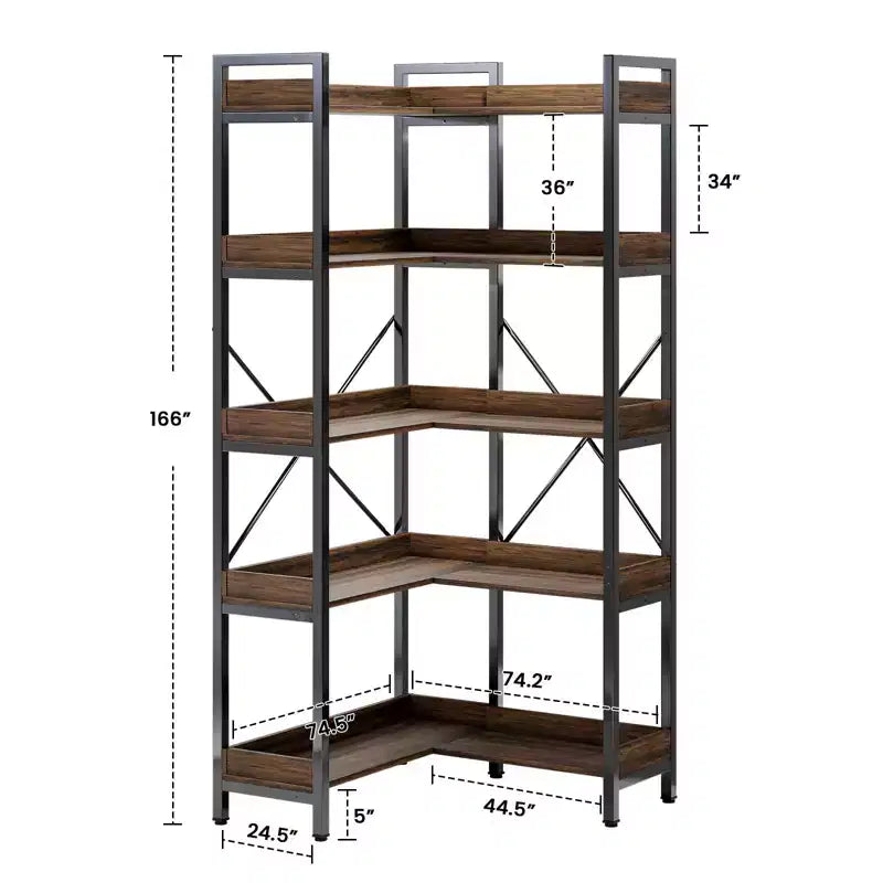 L-Shape 5-Tier Corner Bookshelf Iron Frame MDF Shelves