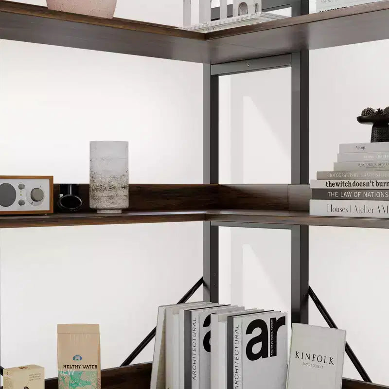 L-Shape 5-Tier Corner Bookshelf Iron Frame MDF Shelves