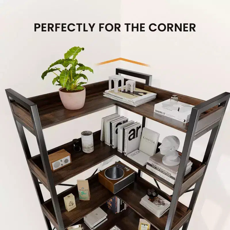 L-Shape 5-Tier Corner Bookshelf Iron Frame MDF Shelves