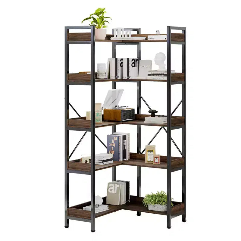 L-Shape 5-Tier Corner Bookshelf Iron Frame MDF Shelves