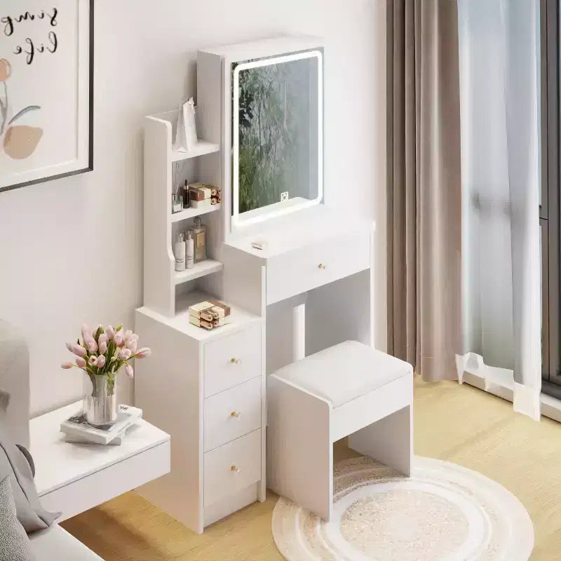 Sliding Mirror Vanity Desk with Hidden Storage 3 Lighting Modes and Cushioned Stool