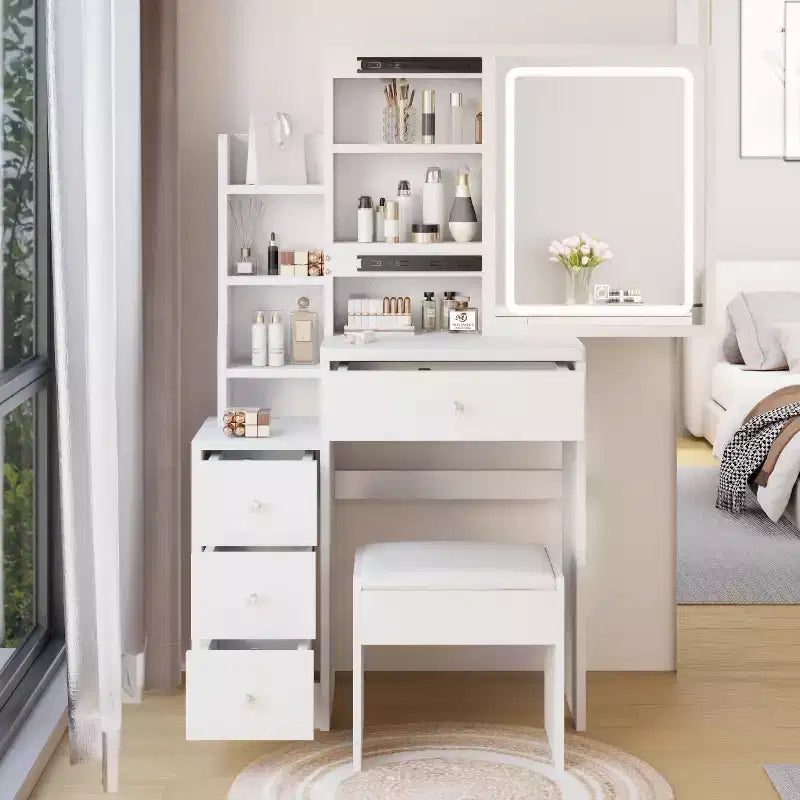 Sliding Mirror Vanity Desk with Hidden Storage 3 Lighting Modes and Cushioned Stool