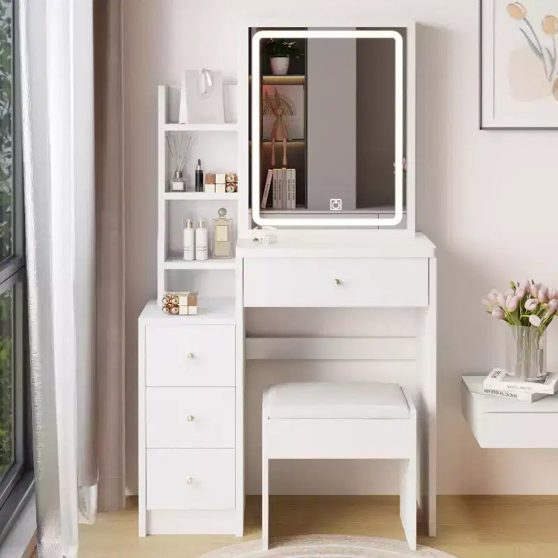Sliding Mirror Vanity Desk with Hidden Storage 3 Lighting Modes and Cushioned Stool