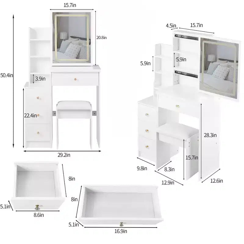 Sliding Mirror Vanity Desk with Hidden Storage 3 Lighting Modes and Cushioned Stool