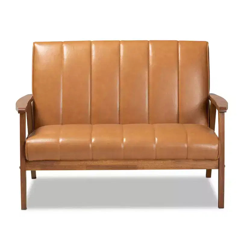 Mid-Century Faux Leather Upholstered Wood Loveseat Walnut/Brown : 2-Seater, Tufted Back, Wooden Frame