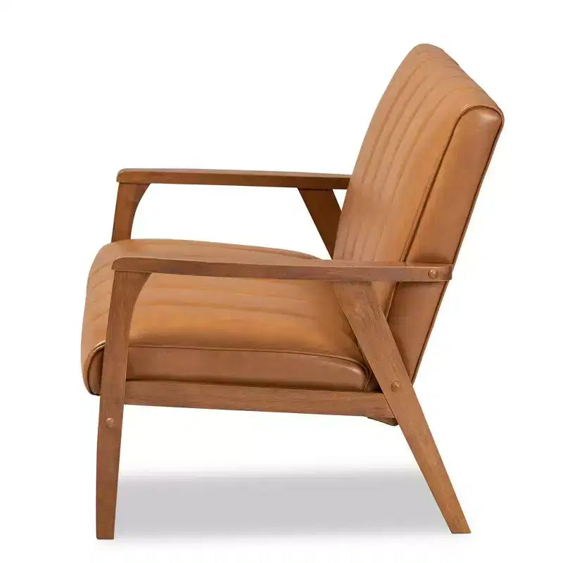 Mid-Century Faux Leather Upholstered Wood Loveseat Walnut/Brown : 2-Seater, Tufted Back, Wooden Frame