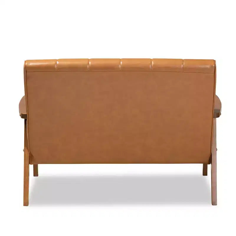 Mid-Century Faux Leather Upholstered Wood Loveseat Walnut/Brown : 2-Seater, Tufted Back, Wooden Frame