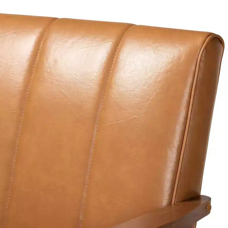 Mid-Century Faux Leather Upholstered Wood Loveseat Walnut/Brown : 2-Seater, Tufted Back, Wooden Frame