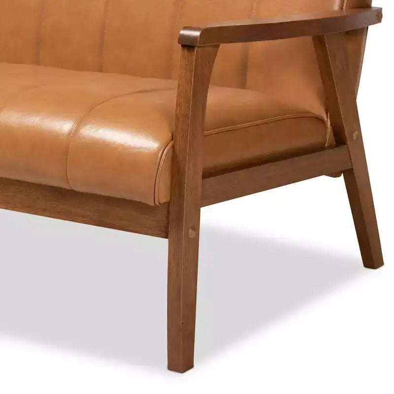 Mid-Century Faux Leather Upholstered Wood Loveseat Walnut/Brown : 2-Seater, Tufted Back, Wooden Frame