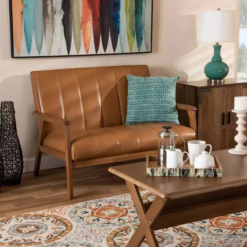 Mid-Century Faux Leather Upholstered Wood Loveseat Walnut/Brown : 2-Seater, Tufted Back, Wooden Frame