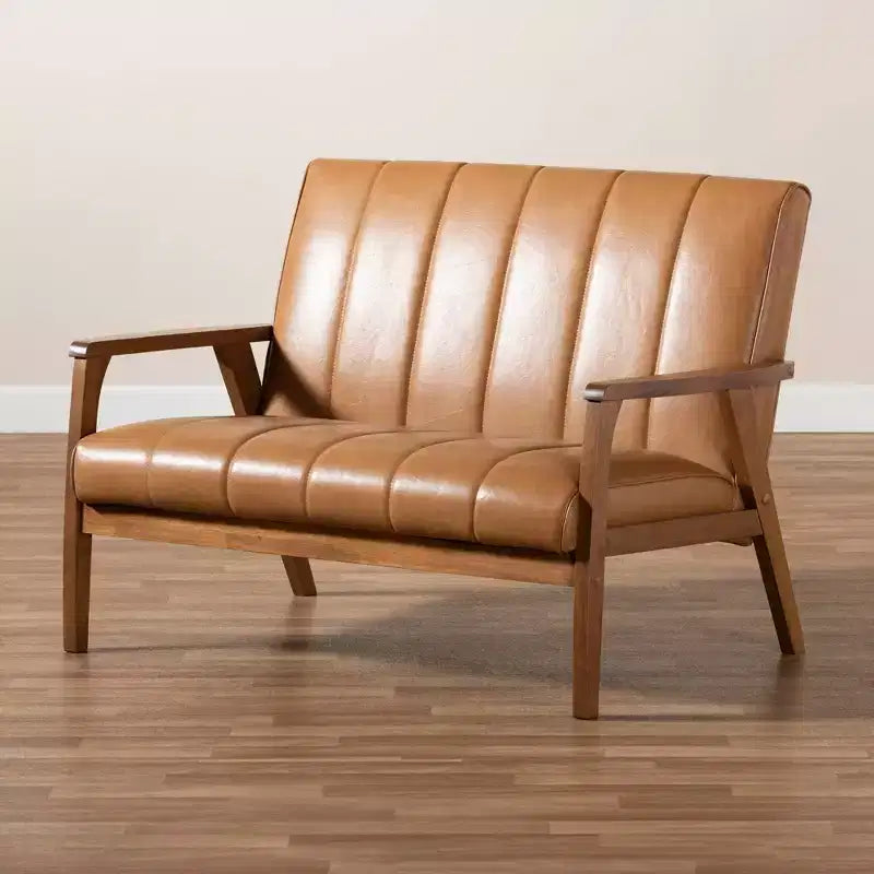 Mid-Century Faux Leather Upholstered Wood Loveseat Walnut/Brown : 2-Seater, Tufted Back, Wooden Frame