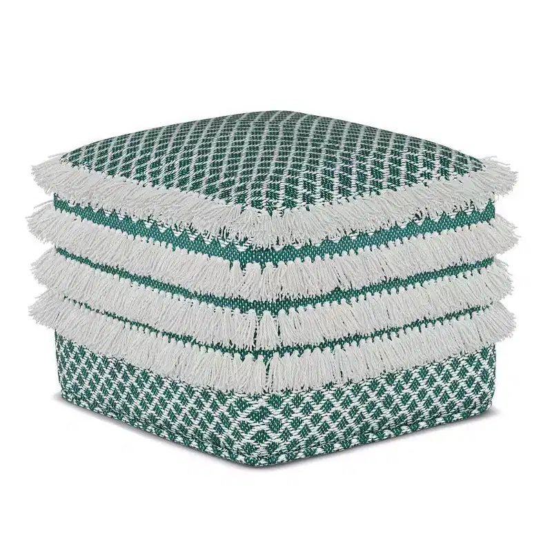 Square Woven PET Polyester Pouf Turquoise/White