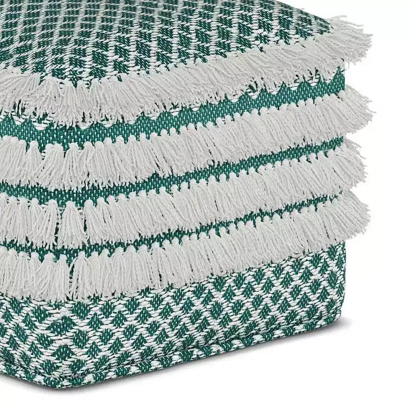 Square Woven PET Polyester Pouf Turquoise/White
