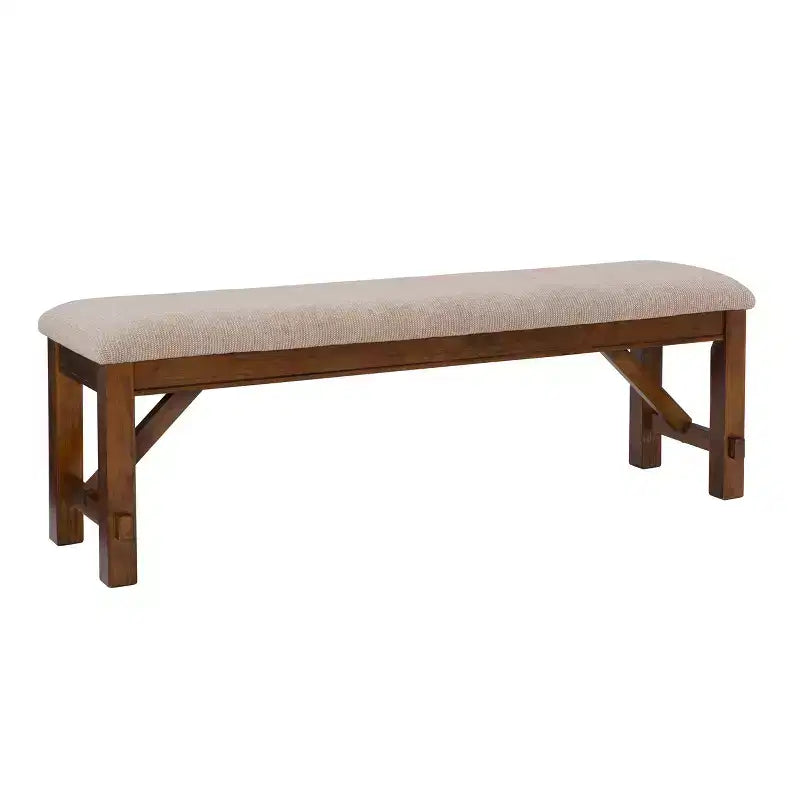 60" Traditional Wood Upholstered Bench Tan Seat Dark Hazelnut Brown