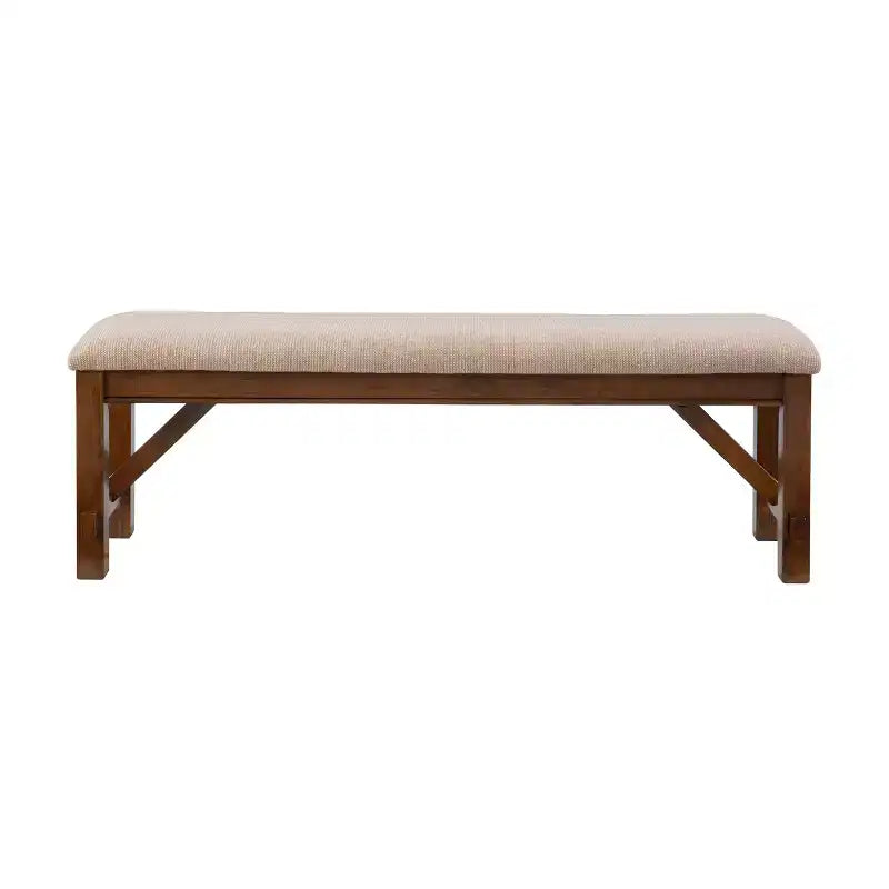 60" Traditional Wood Upholstered Bench Tan Seat Dark Hazelnut Brown