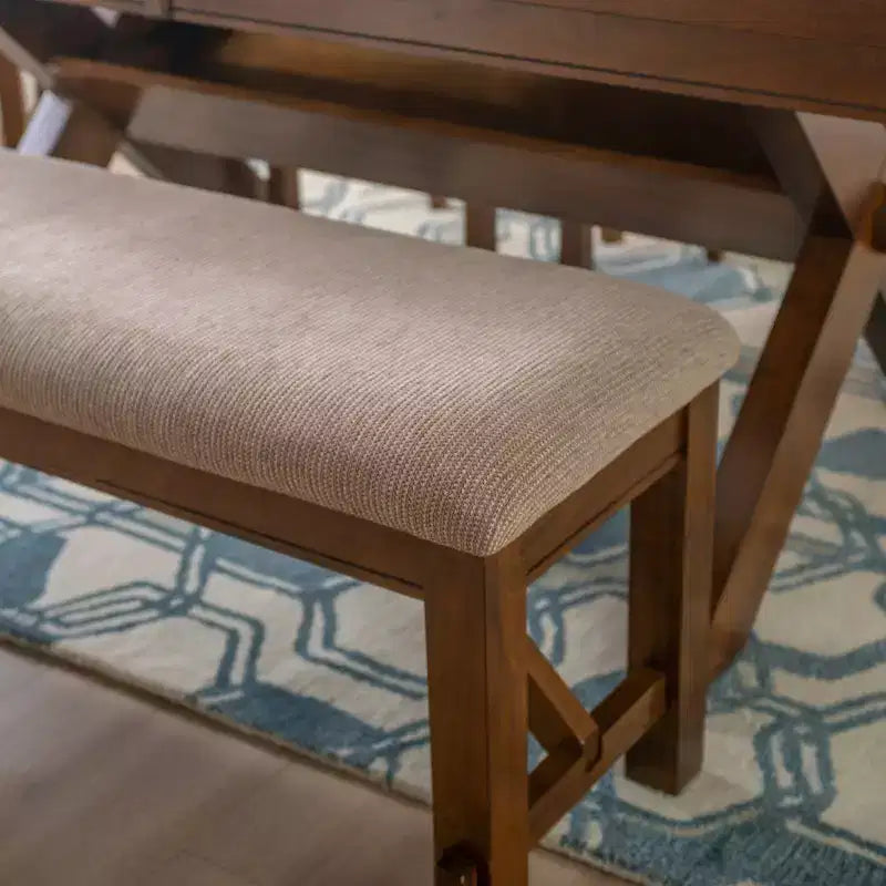 60" Traditional Wood Upholstered Bench Tan Seat Dark Hazelnut Brown