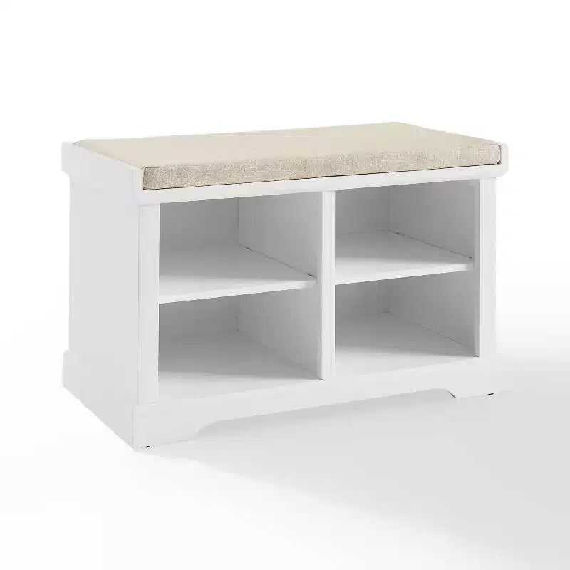 Storage Bench White Cushioned Linen Upholstered Farmhouse Style
