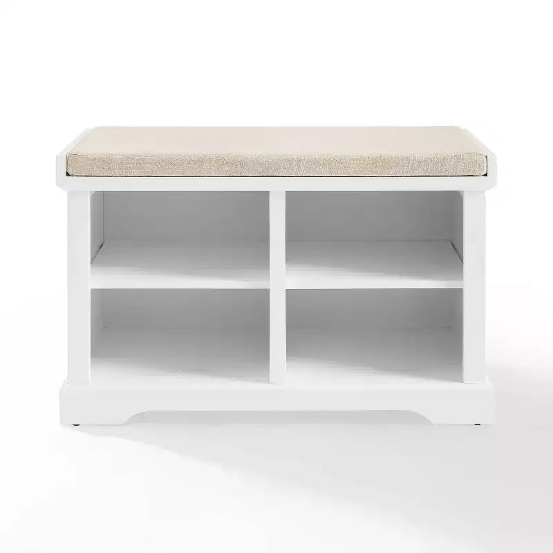 Storage Bench White Cushioned Linen Upholstered Farmhouse Style