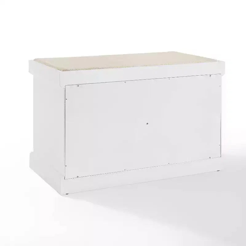 Storage Bench White Cushioned Linen Upholstered Farmhouse Style