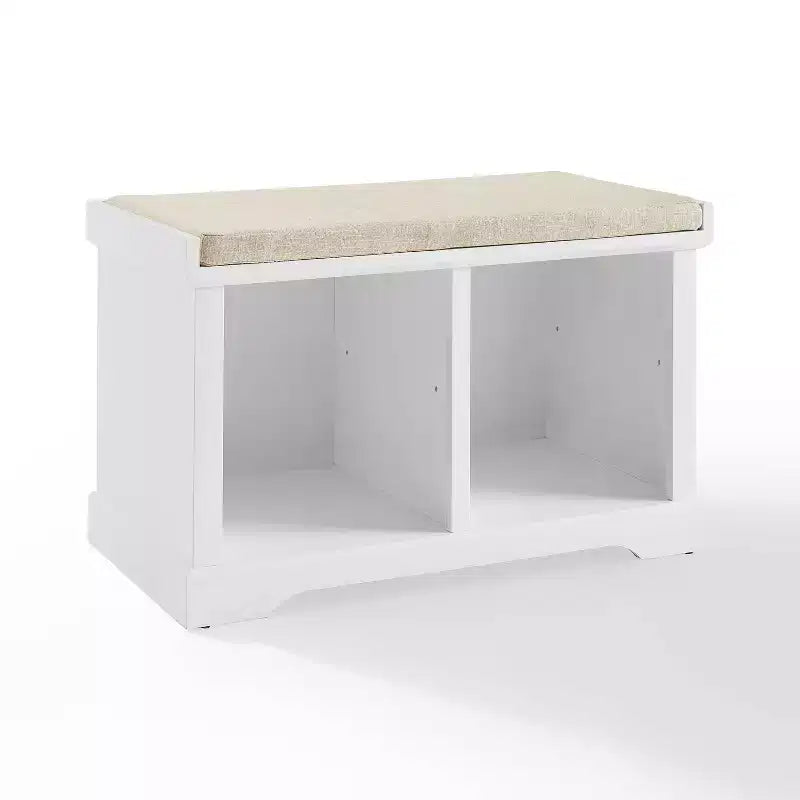 Storage Bench White Cushioned Linen Upholstered Farmhouse Style