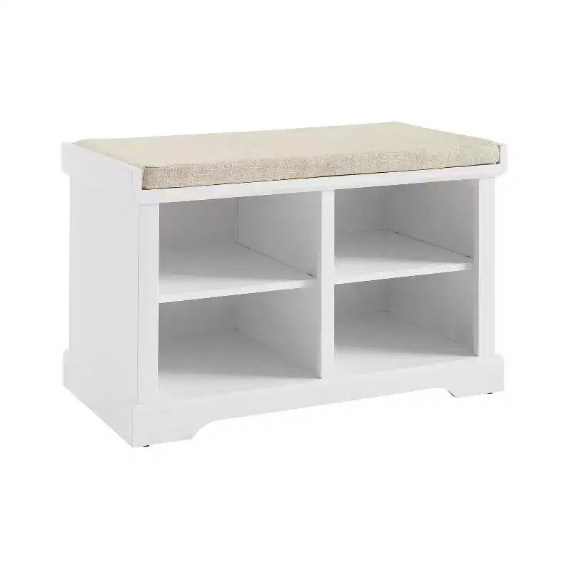 Storage Bench White Cushioned Linen Upholstered Farmhouse Style