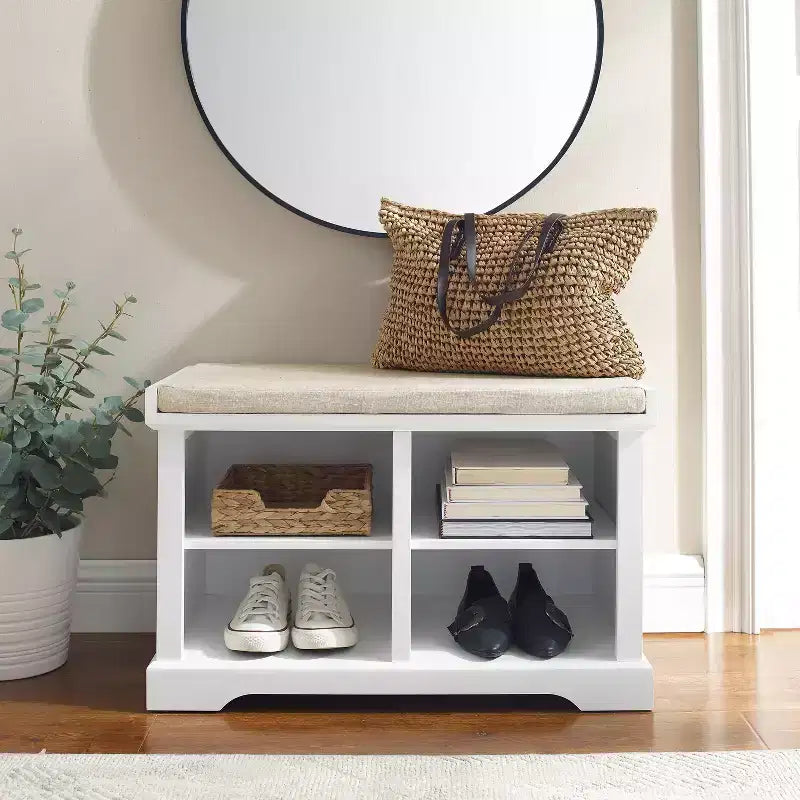 Storage Bench White Cushioned Linen Upholstered Farmhouse Style