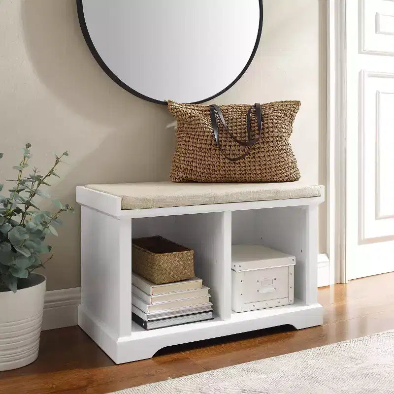 Storage Bench White Cushioned Linen Upholstered Farmhouse Style