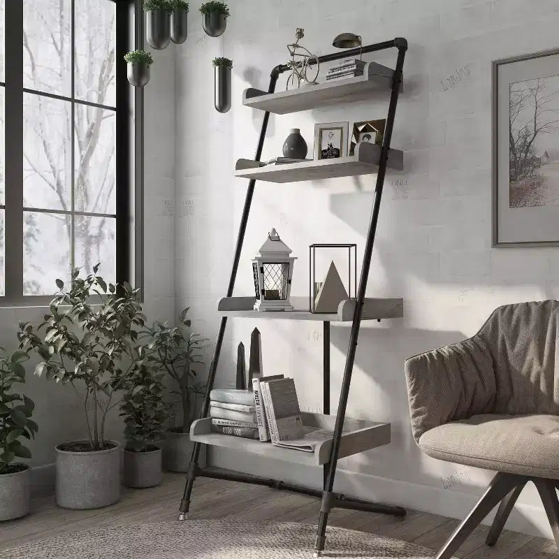 70.86" Ladder Display Shelf Vintage Gray Oak Industrial 4-Tier