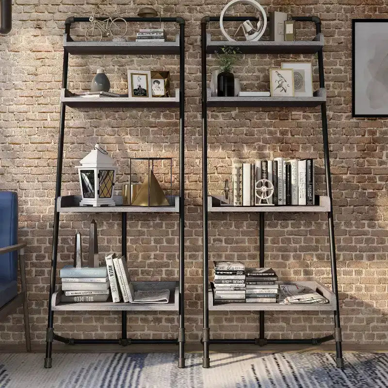 70.86" Ladder Display Shelf Vintage Gray Oak Industrial 4-Tier