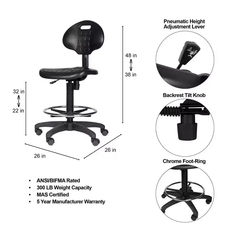 22"-32" Adjustable Height Polyurethane Task Chair Swivel Lumbar Support Wheels