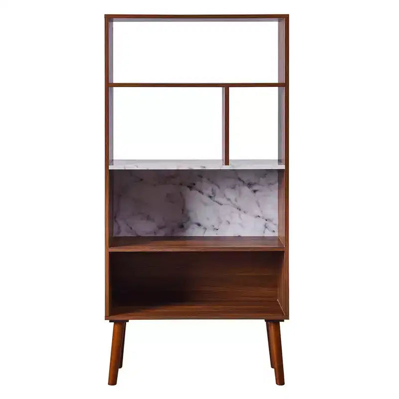 58" Bookshelf with Faux Marble Top Solid Wood Legs Walnut Mid-Century 4 Open Shelves