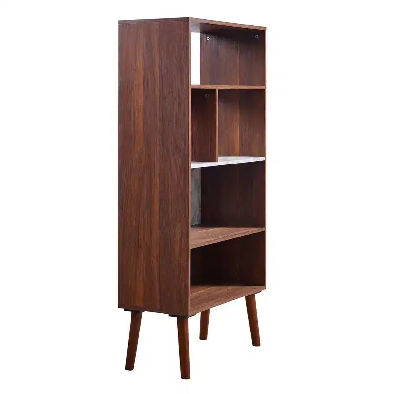 58" Bookshelf with Faux Marble Top Solid Wood Legs Walnut Mid-Century 4 Open Shelves