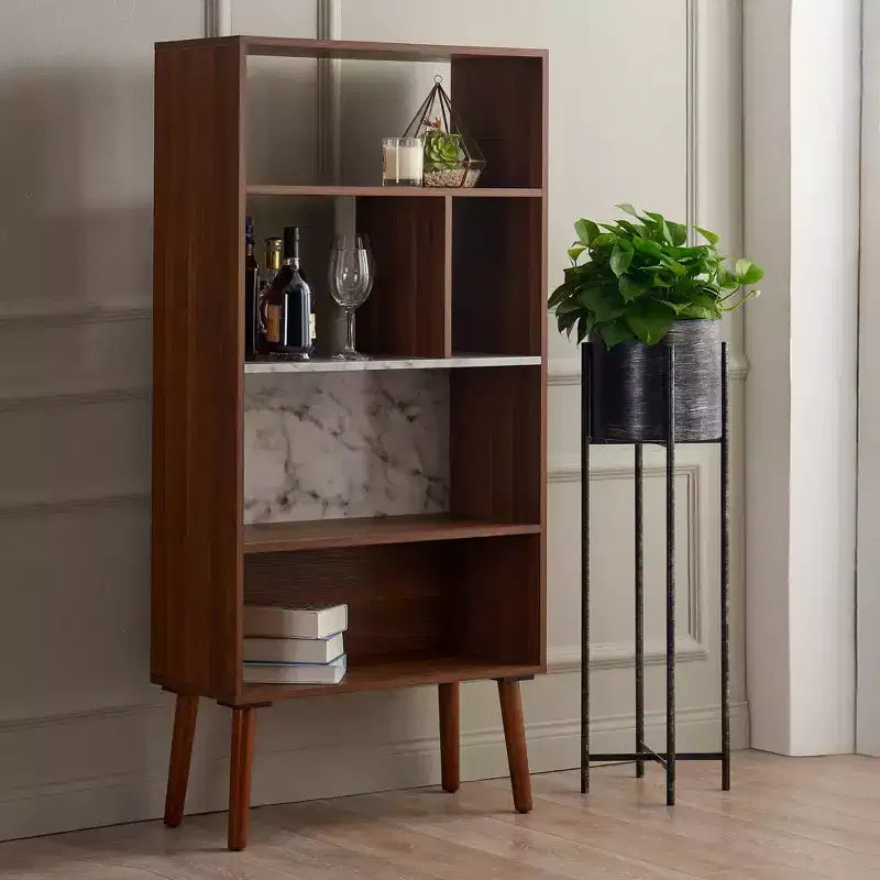 58" Bookshelf with Faux Marble Top Solid Wood Legs Walnut Mid-Century 4 Open Shelves