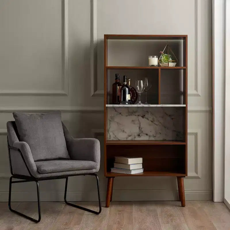 58" Bookshelf with Faux Marble Top Solid Wood Legs Walnut Mid-Century 4 Open Shelves