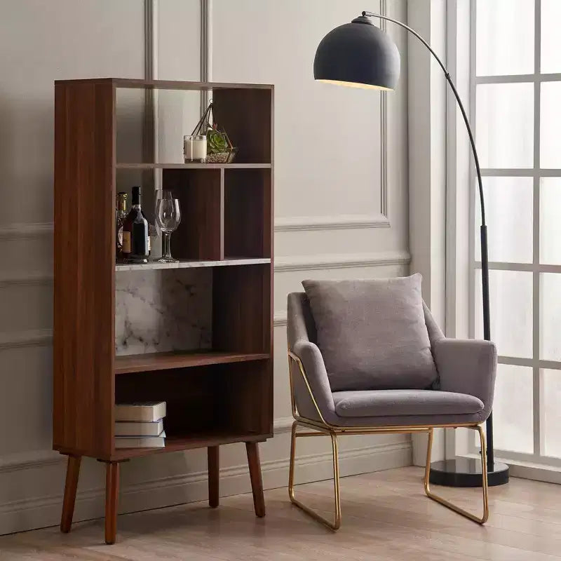 58" Bookshelf with Faux Marble Top Solid Wood Legs Walnut Mid-Century 4 Open Shelves
