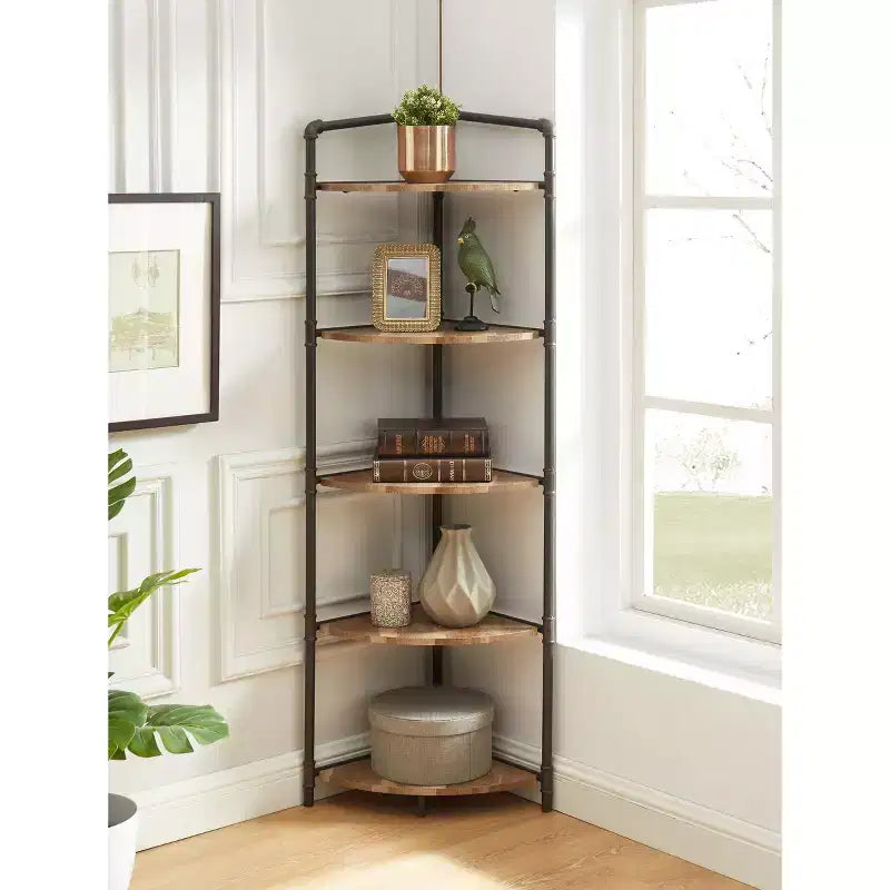 63.75" 5-Tier Corner Bookshelf Sand Black Industrial Style MDF