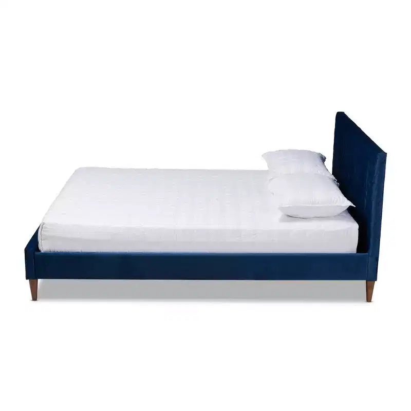 Queen Platform Bed Navy Blue Mid-Century Velvet Upholstery Tapered Legs