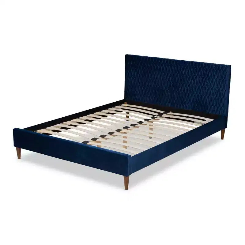 Queen Platform Bed Navy Blue Mid-Century Velvet Upholstery Tapered Legs