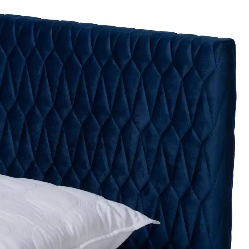 Queen Platform Bed Navy Blue Mid-Century Velvet Upholstery Tapered Legs
