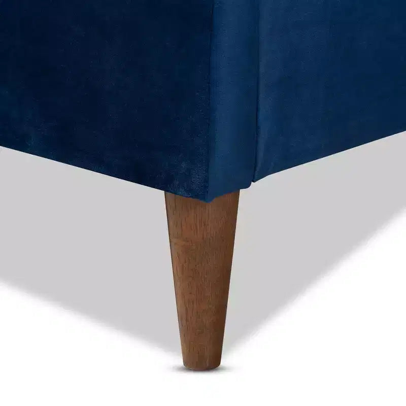 Queen Platform Bed Navy Blue Mid-Century Velvet Upholstery Tapered Legs
