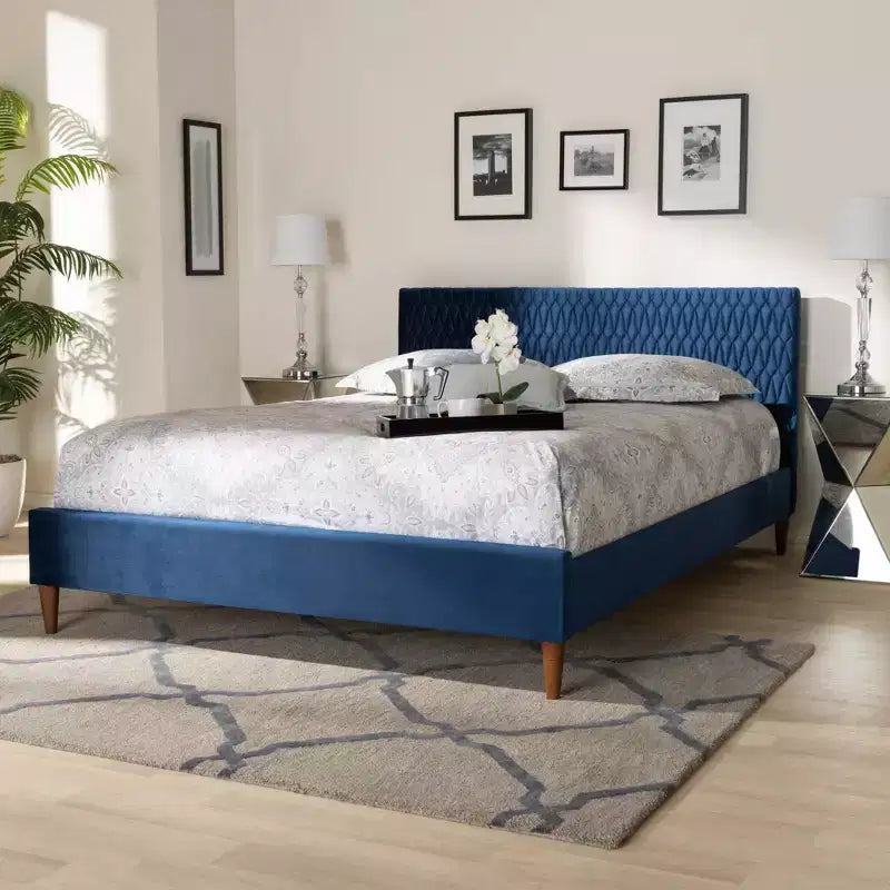 Queen Platform Bed Navy Blue Mid-Century Velvet Upholstery Tapered Legs