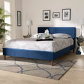 Lit plateforme Queen Bleu marine Rembourrage velours style Mid-century Pieds coniques