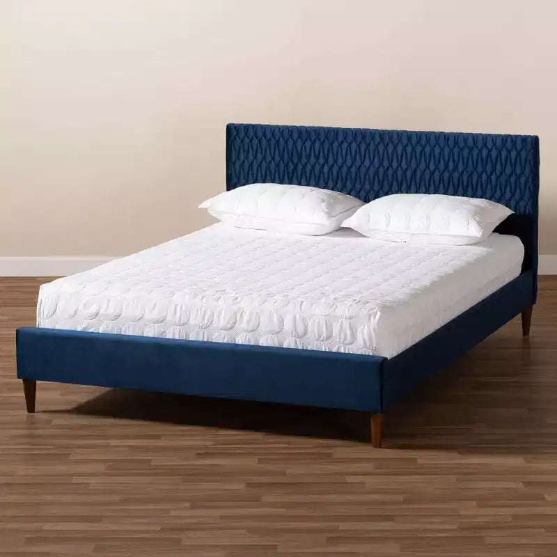 Queen Platform Bed Navy Blue Mid-Century Velvet Upholstery Tapered Legs