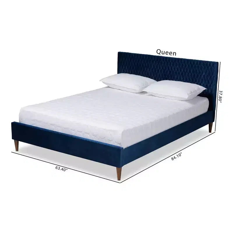 Queen Platform Bed Navy Blue Mid-Century Velvet Upholstery Tapered Legs