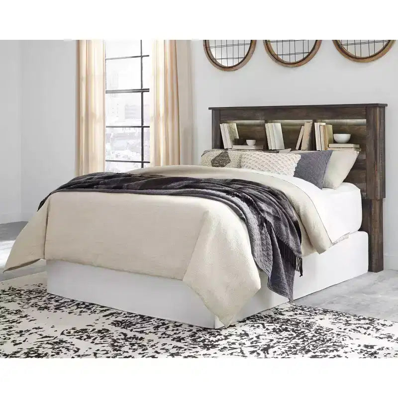 Queen/Full Bookcase Headboard with LED Lighting Rustic Finish