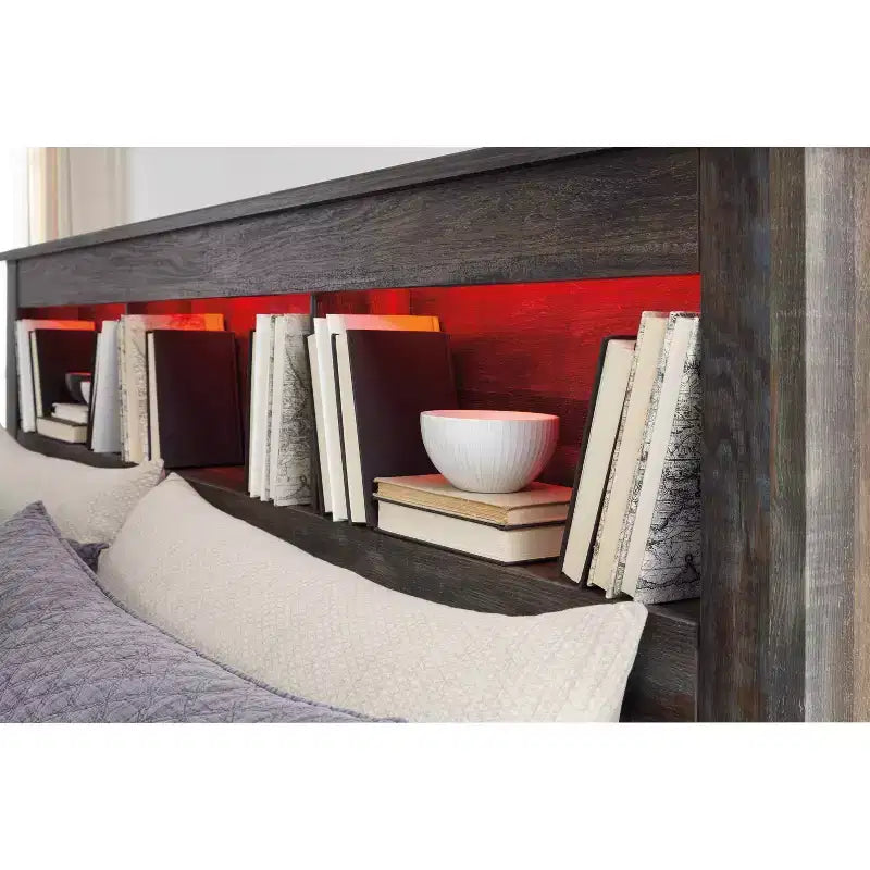 Queen/Full Bookcase Headboard with LED Lighting Rustic Finish