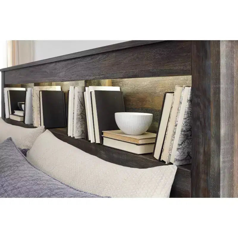 Queen/Full Bookcase Headboard with LED Lighting Rustic Finish