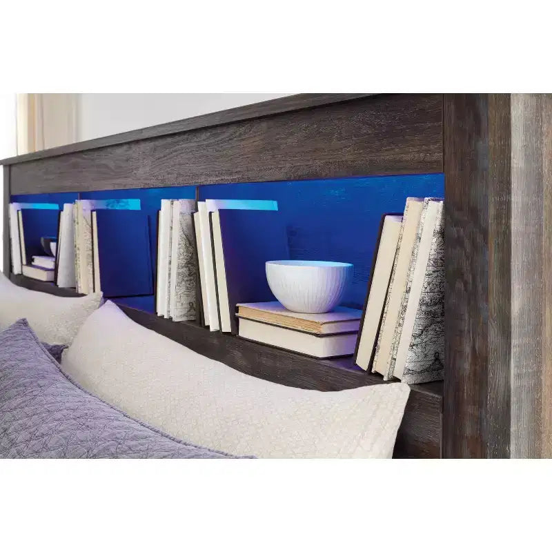 Queen/Full Bookcase Headboard with LED Lighting Rustic Finish